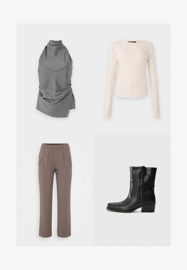 CLOSED HALTER NECK - Bluse - led grey; Langärmliges, hellbeiges Oberteil mit rundem Ausschnitt. Aus weichem Stoff gefertigt, verfügt es über eine zentrale Naht und einen leicht geschwungenen Saum. Keine sichtbaren Beschläge.; Taupe-lockere Hose mit elastischem Bund und vorderen Falten, gefertigt aus glattem Stoff.; Schwarze Leder-Ankle Boots mit runder Zehenform, Blockabsatz, seitlichem Reißverschluss und gestickten Akzenten auf dem Blatt. Glatte Textur, klassisches Design.