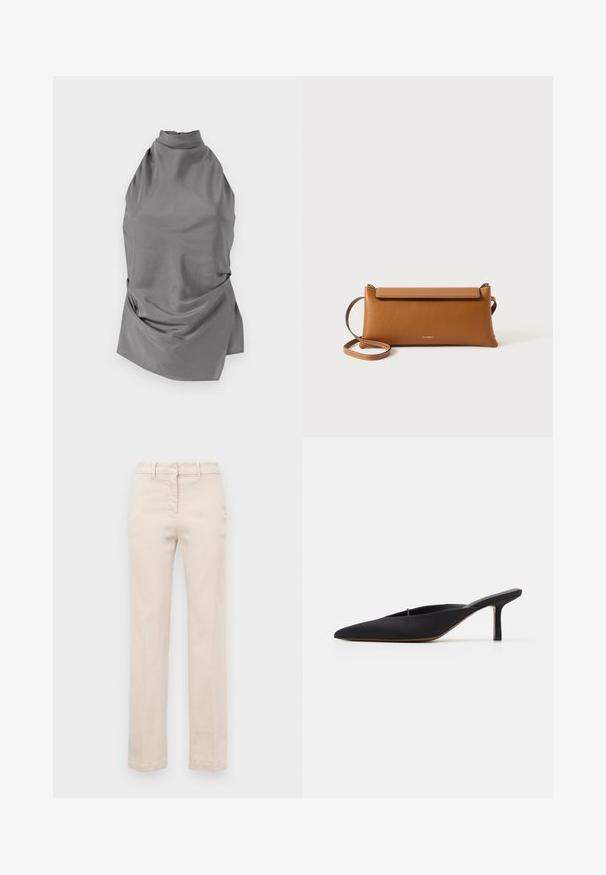 CLOSED HALTER NECK - Blouse - led grey; Beige cotton trousers with a tailored fit, straight legs, a front zipper, and a smooth texture. Features traditional belt loops.; Black pointed-toe mule with a sleek design, made of smooth fabric, featuring a slender heel and open back for easy wear.; Brown leather clutch bag, rectangular shape, textured surface, detachable strap, zip closure, subtle logo embossed on front.