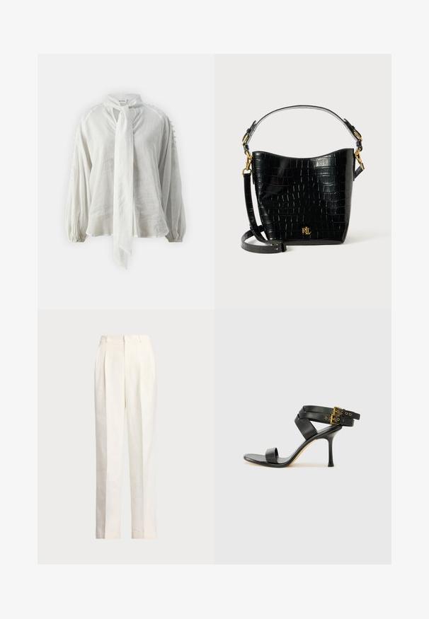 White, lightweight blouse with a tie neckline, balloon sleeves, and textured accents on the shoulders. Made from a soft, breathable fabric.; Polo Ralph Lauren HEMP WIDE LEG PANT - Trousers - nevis; Black heeled sandal with crossed straps and adjustable buckle. Features a smooth texture and tapered stiletto heel.; Black croc-embossed leather bag with a curved shape, gold hardware accents, an adjustable strap, and a logo detail at the front.