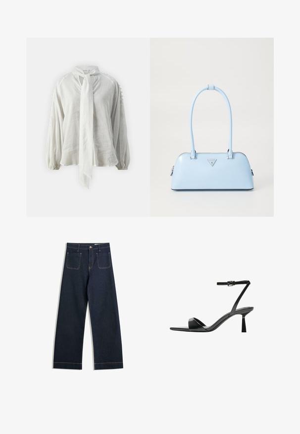 Fehér, könnyed blúz, megkötős nyakkal, ballon ujjakkal és textúrált részletekkel a vállakon. Puha, lélegző anyagból készült.; Sötétkék, széles szárú farmernadrág, eltérő bézs varrással, két hátsó zsebbel és gombos záródással a deréknál.; Bershka Magas sarkú szandálok - black; Világoskék kézitáska, amelynek strukturált formája van, sima bőrből készült, két füllel rendelkezik, és az elején egy háromszögletű márkatrófea található. Cipzáras záródás.