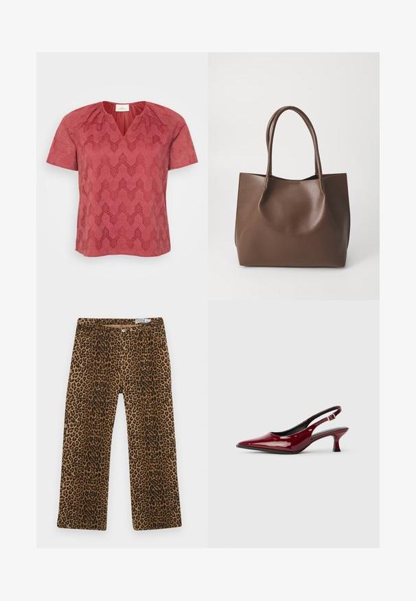 Sarkana īsām piedurknēm augšdaļa ar V-veida kakla izgriezumu, ar teksturētu ģeometrisku mežģīņu rakstu visā virsmā un saburzītu detaļu uz pleciem.; Leoparda raksta bikses ar brūnu un melnu rakstu, taisna kāju dizainu un klasisku piecu kabatu stilu. Izgatavotas no kokvilnas audumu maisījuma.; Burgundijas lakota ādas sandales ar smailu pirkstu un elegantu stiletto papēdi. Atvērta papēža dizains ar regulējamu potītes siksniņu.; Brūna ādas iepirkumu soma ar divām garām rokturiem, strukturēta forma, gluda tekstūra un minimālistisks dizains. Nav redzamu aparatūras vai akcentu.