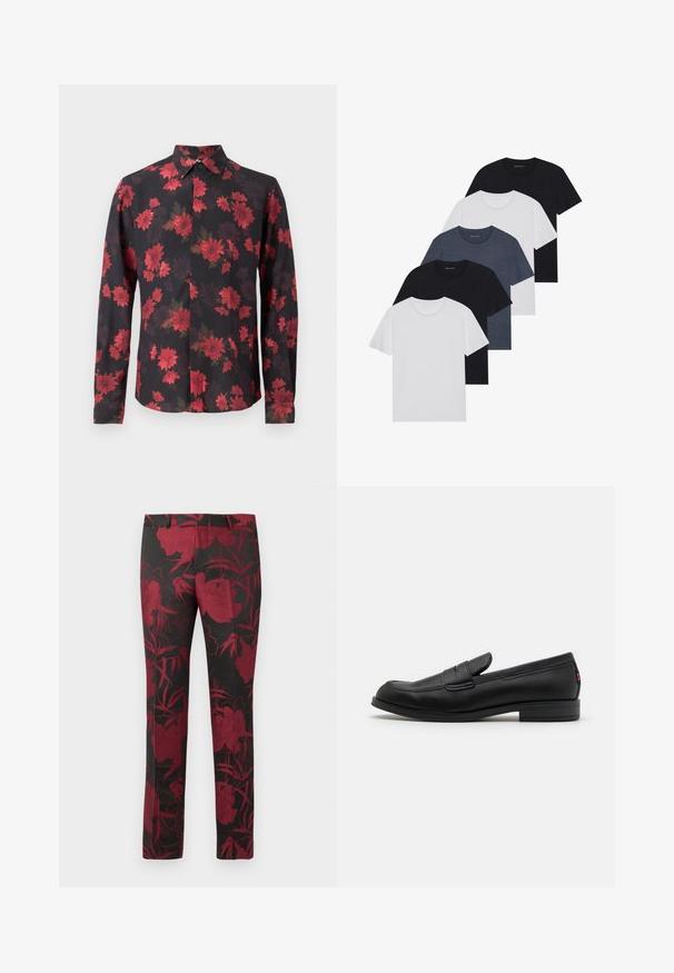 Black long-sleeve shirt with red floral pattern, button-down collar, and front placket. Lightweight fabric with a smooth texture.; Set of five t-shirts in black, white, and navy blue. Cotton fabric, short sleeves, crew neck design, and plain texture with no patterns.; Black pants featuring a floral pattern in deep red, with a smooth texture and tailored fit. Standard waistband and straight leg design.; Black leather loafers with a smooth finish, rounded toe, and a small decorative flap. Features a low stacked heel and subtle branding detail.