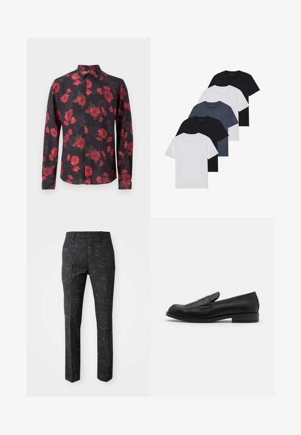Black long-sleeve shirt with red floral pattern, button-down collar, and front placket. Lightweight fabric with a smooth texture.; Set of five t-shirts in black, white, and navy blue. Cotton fabric, short sleeves, crew neck design, and plain texture with no patterns.; Dark gray trousers with an embossed floral pattern, tailored fit, straight legs, and a smooth texture. Features a standard waistband.; Black leather loafers with a smooth finish, rounded toe, and a small decorative flap. Features a low stacked heel and subtle branding detail.