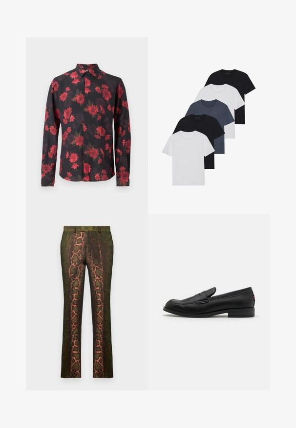 Sort langærmet skjorte med rødt blomstermønster, knap-ned krave og frontklap. Letvægtsstof med en glat tekstur.; Sæt af fem t-shirts i sort, hvid og marineblå. 100% bomuldsstof, korte ærmer, rund halsudskæring og ensartet overflade uden mønstre.; Grønne mønstrede bukser med et slangeprintdesign i nuancer af brun og orange, lige snit og en glat tekstur.; Sorte læder loafers med en glat finish, rund tå og en lille dekorativ flap. Har en lav stablet hæl og en subtil brandingdetalje.