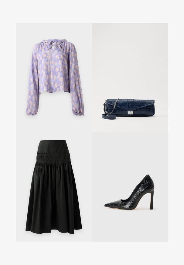 Blusa floreale in tessuto lilla chiaro con maniche lunghe e voluminosi e scollatura annodata. Presenta una delicata stampa di fiori rosa e verdi.; Gonna nera fino al ginocchio realizzata in tessuto morbido, con una vita aderente e un design arricciato per un effetto voluminoso.; Scarpa nera con punta a punta alta in pelle di coccodrillo, caratterizzata da un design elegante, alto tacco a spillo e interno nero liscio.; Clutch in pelle blu navy con texture a coccodrillo, tracolla in catena argentata e chiusura metallica. Forma rettangolare con design pieghevole.