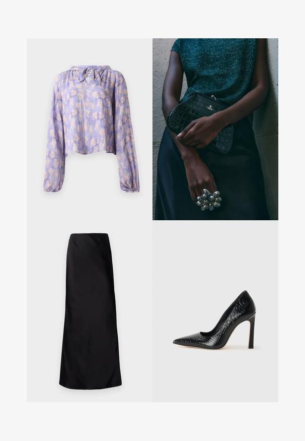 Šviesiai violetinė gėlių bliuska su ilgomis pūstomis rankovėmis ir surišamu kaklu. Papuošta subtiliu rožinių ir žalių gėlių raštu.; Norma Kamali BIAS OBIE SKIRT - Maksi sijonas - black; Juoda smailiakulnė aukšto kulno bateliai su krokodilo odos tekstūra, pasižymintys elegantišku dizainu, aukštu stiletu kulnu ir lygia juoda vidine dalimi.; Juodas krokodilo odos rašto vakarėlis su sidabriniais aksesuarais, laikomas prieš tekstūruotą pilką foną. Pasižymi blizgiu paviršiumi.