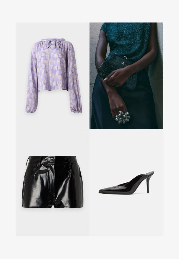 Bluză florală dintr-un material violet deschis, cu mânecă lungă bufantă și decolteu legat. Prezintă un imprimeu delicat cu flori roz și verzi.; Pantaloni scurți negri, strălucitori, din material sintetic. Prezintă o talie ajustată, bucle pentru curea și buzunare frontale cu detalii de cusătură proeminente.; Mule-uri cu toc înalt din piele lacuită neagră, cu vârful ascuțit și o siluetă elegantă, având un spate deschis și un toc subțire stilletto.; Geantă de umăr de tip clutch, cu model de crocodil negru și detalii din metal argintiu, sprijinită pe un fundal texturat gri. Prezintă o suprafață lucioasă.