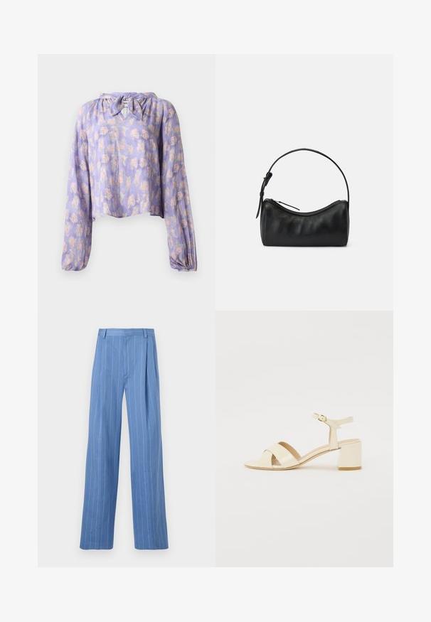 Blusa floreale in tessuto lilla chiaro con maniche lunghe e voluminosi e scollatura annodata. Presenta una delicata stampa di fiori rosa e verdi.; Pantaloni a gamba larga blu chiaro con strisce bianche verticali. Realizzati in materiale morbido, presentano una piega frontale e un design della vita pulito.; Sandali con tacco in pelle verniciata beige, design con cinturino incrociato, punta aperta, cinturino alla caviglia regolabile e tacco a blocco. Texture liscia.; Borsa a tracolla in pelle nera con un design curvo, chiusura a zip e una tracolla sottile. Presenta una texture liscia e dettagli di cucitura discreti.
