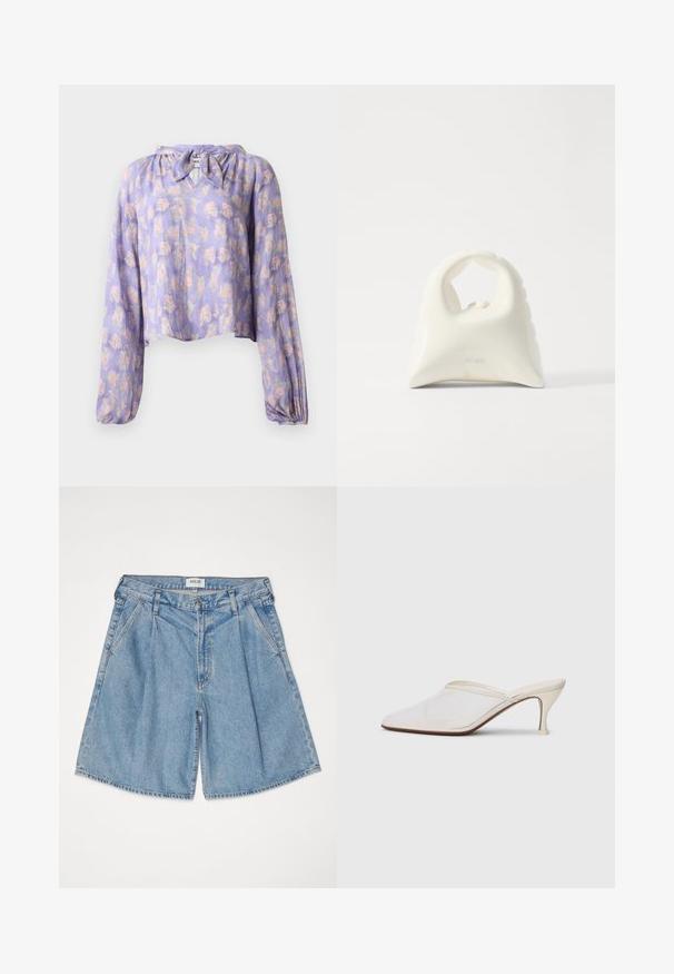 Virágmintás blúz világoslila anyagból, hosszú puffos ujjakkal és megkötős nyakkal. Finom rózsaszín és zöld virágmintával díszített.; Világoskék farmer rövidnadrág laza szabással, magas derékkal, oldalzsebekkel és gombos záródással. Tisztán elhalványult textúrával.; Fehér hálós, hegyes orrú mules cipő, vékony, középmagas sarkával és slip-on kialakításával, egyszerű háttér előtt.; Fehér kézitáska, texturált, ívelt dizájnnal. Kiemelkedő füllel és lekerekített aljjal rendelkezik, sima felülettel és minimális fémszerelvényekkel.