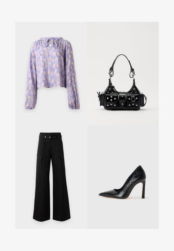 Floral blouse in light purple fabric with long puffed sleeves and a tied neckline. Features a delicate print of pink and green flowers.; Black wide-leg pants with a high waistband, featuring large side pockets, two front buttons, and a loop detail. Made from sturdy fabric.; Black pointed-toe high heel shoe with a crocodile-skin texture, featuring a sleek design, high stiletto heel, and smooth black interior.; Black leather handbag with a curved design, featuring silver studs, a buckle, and two side pockets. Adjustable strap for carrying options.