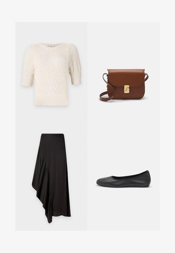 Cream-colored sweater with short puff sleeves, fine knit texture, and pearl-like embellishments throughout. Round neckline, casual design.; AERON ASTER SKIRT - Pencil skirt - black; Black leather ballet flat with a rounded toe, smooth texture, minimal stitching detail, and a flexible sole design.; Brown leather handbag with a flap closure, gold-tone hardware, a shoulder strap, and a smooth texture. Compact rectangular shape.