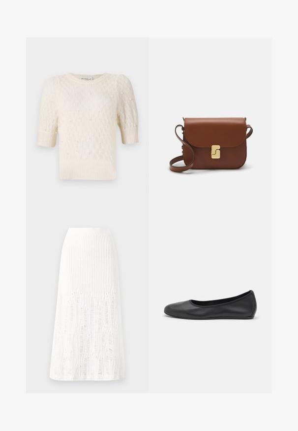 Pull crème avec des manches courtes bouffantes, texture en maille fine et embellissements ressemblant à des perles. Encolure ronde, design décontracté.; Jupe midi en tricot blanche présentant un motif texturé avec des lignes verticales et des découpes près de l'ourlet. Taille élastique. Matériau doux.; Ballerines en cuir noir avec un bout rond, texture lisse, détails de couture minimalistes et design de semelle flexible.; Sac à main en cuir marron avec une fermeture à rabat, des accents en métal doré, une bandoulière et une texture lisse. Forme rectangulaire compacte.