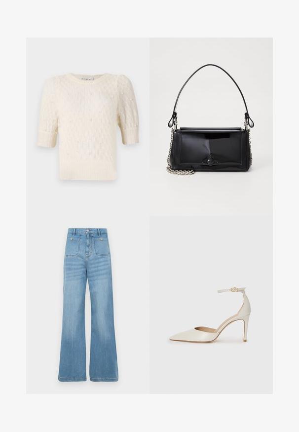 Kreemivalge kampsun lühikeste poutsevarrukatega, peene kudumise tekstuuriga ja pärli meenutavate lisanditega. Ümmargune kaelus, lõdva disainiga.; Heledad sinine teksapüksid laia säärega disainiga, millel on kaks eesmist ja kaks tagumist taskut, lõpetatud toore serva ja nööpidega kinnitusega.; Valgete nahast kõrge kontsaga kingad, terava varbaga, ankle strapiga ja kitsaste stiletto kontsadega. Sile tekstuur koos peene läikega.; Mustmust mustkott mustmust mustkott, millel on ristkülikukujuline kuju, kettstrap ja silmapaistev viimistlusaktsent keskel. Sile tekstuur.