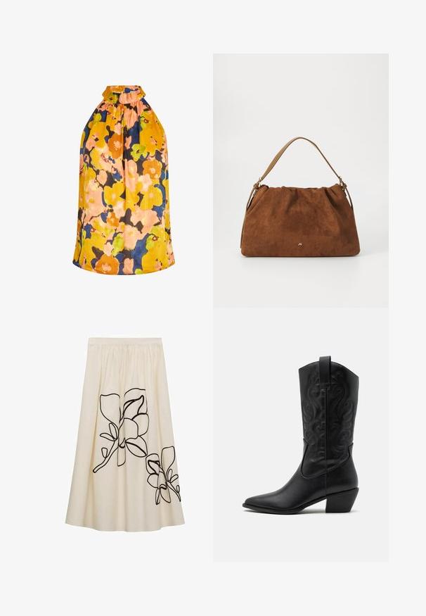 Top cu guler halter floral în nuanțe vibrante de galben, portocaliu și albastru. Are un decolteu plisat și un material texturat cu un design lejer.; Fustă crem cu broderie florală neagră, având o talie elastică și un design fluid, fabricată dintr-un material ușor.; Boot de cowboy din piele neagră, cu vârf ascuțit, modele viu încrustate și toc de înălțime medie. Include un tab pentru a fi purtat ușor.; Geantă din suede maro cu un design plisat, având o curea din piele bej și un detaliu subtil cu logo auriu în partea din față.