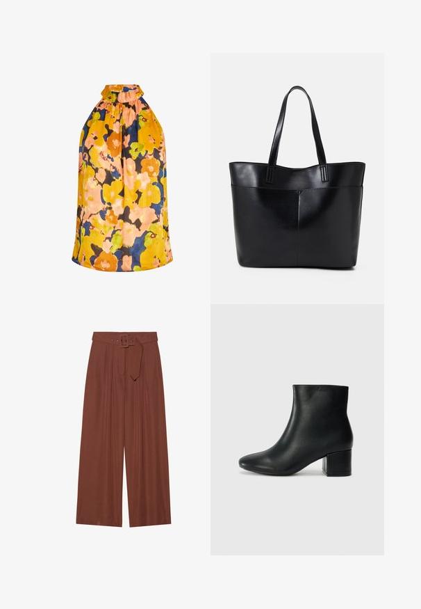 Gėlėta halterio kaklo viršutinė dalis ryškių geltonos, oranžinės ir mėlynos spalvų atspalvių. Yra su susiraukšlėjusia apykakle ir tekstūruota medžiaga, laisvo kirpimo dizainas.; Plačios kelnių kelnės rudos spalvos audinyje, su diržu su kvadratiniu sagtimi, klostuotų dizainu ir lygiu paviršiumi.; Juodos odinės aulinės botai su smailiu priekiniu pirštu ir storu kulnu. Lygus tekstūra su minimaliomis detalėmis ir elegantišku, tvirtai priglundančiu dizainu.; Juoda odinė rankinė su dviem ilgais diržais, lygiu paviršiumi ir struktūrizuota forma. Yra priekinė kišenė papildomam saugojimui.