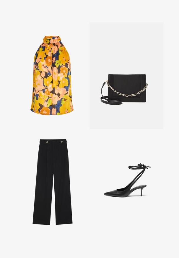 Top de halter floral en tonos vibrantes de amarillo, naranja y azul. Presenta un escote fruncido y una tela texturizada con un diseño holgado.; Pantalones de pierna ancha negros con cintura alta, detalles de botones en la cinturilla y pliegues en la parte delantera.; Zapato de charol negro con tacón de aguja y punta afilada, con la parte trasera abierta y correas en los tobillos atadas en forma de lazo. Tacón delgado de 3 pulgadas. Textura suave, diseño minimalista.; Bolso cruzado de piel negra con textura suave, forma rectangular y un detalle de cadena metálica en el frente. Incluye una correa ajustable.