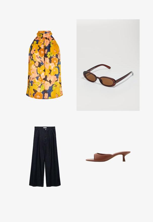 Bloemen haltertop in levendige gele, oranje en blauwe tinten. Kenmerkt een geplooide halslijn en textuurstof met een losvallend ontwerp.; Donkerdenim wijde-broek met een hoge taille, voorzien van een sluiting met knoop aan de voorkant, twee zijzakken en stikdetails.; Bruine open teen hakschoenen met een gladde, matte afwerking, met een gebogen ontwerp en een transparante, taps toelopende hak.; Ronde, bruin getinte zonnebril met een glanzend bordeauxrood frame. Slanke pootjes met subtiele merkdetails. Vlakke lensontwerp.