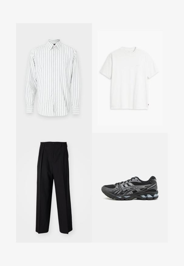Camisa de homem de manga comprida com botões, em branco com riscas verticais azul-claro e cinza, apresentando uma gola clássica e um bolso no peito.; T-shirt de algodão branco com mangas curtas, decote redondo e logo discreto da Levi's impresso no centro. Tecido macio e ajuste padrão.; Calças pretas plissadas com um design reto e de perna larga. Feitas de um tecido liso, apresentam um fecho de botão e passantes para cinto.; Sapatilha atlética preta com parte superior em malha, detalhes em prata e uma sola acolchoada. Apresenta um design de atacadores e uma sola texturizada para melhor aderência.