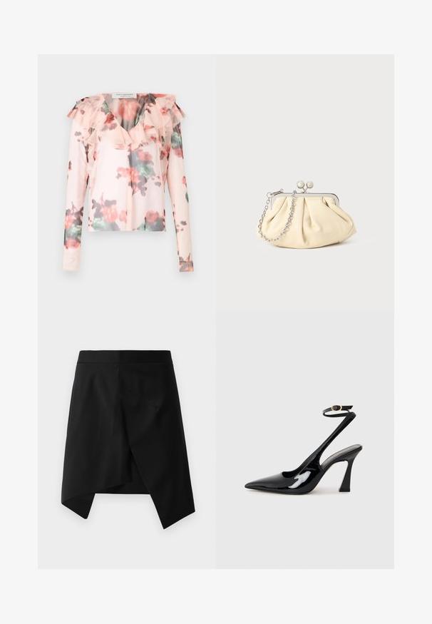 Világos rózsaszín, virágmintás, hosszú ujjú blúz fodros dekoltázzsal. Vörös és zöld árnyalatú akvarell virágminta díszíti. Félig átlátszó anyag.; Fekete aszimmetrikus szoknya sima textúrával, éles háromszögletű hem véggel és minimalista dizájnnal. Lapos derékpánt, látható fém alkatrészek nélkül.; Fekete lakk bőrből készült, slingback magas sarkú cipők, hegyes orral, állítható bokapánttal és mérsékelt tömbsarkal. Simább textúra, fényes felület.; Pleátolt bézs bőr válltáska ezüst fém kerettel, két kerek díszcsattal és ezüst lánc pánttal.