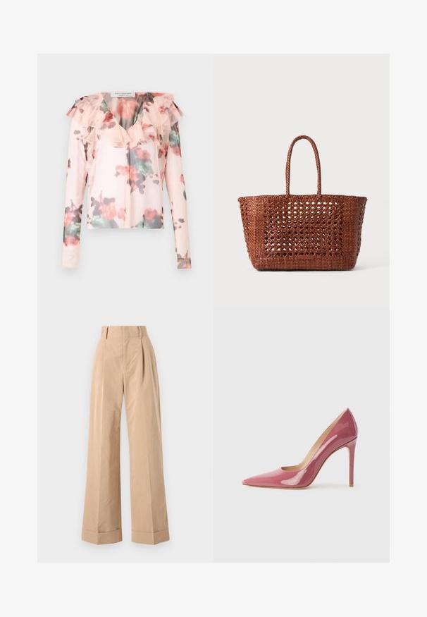 Blusa de manga larga floral en rosa claro con cuello con volantes. Presenta un patrón floral en acuarela con acentos en rojo y verde. Tejido semitransparente.; Pantalones de pierna ancha en color beige con una cintura alta, con pliegues y una textura suave. Los puños están doblados, añadiendo un detalle estructurado.; Zapato de tacón alto de charol rosa con punta afilada y silueta estilizada, que presenta un detalle cortado y un tacón de aguja.; Bolso tote de color marrón tejido con un patrón abierto, forma rectangular y dos asas trenzadas. Cuenta con una base sólida para mayor soporte.