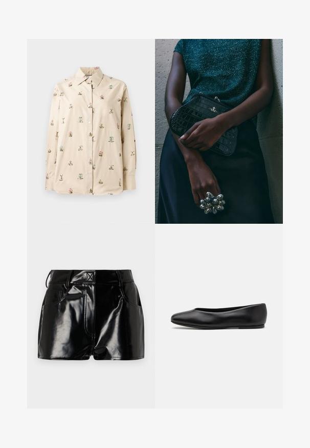 Crème overhemd met knoopjes, versierd met bloemenborduurwerk in roze en blauw. Zacht, soepel materiaal met een klassieke kraag en lange mouwen.; Grijze geribde tanktop met een aansluitend ontwerp, brede armsgaten en een ronde hals. Gemaakt van zachte katoenen stof met een gladde textuur.; Zwarte, glanzende shorts van synthetisch materiaal. Heeft een aansluitende taille, riemlussen en voorzakken met opvallende stikseldetails.; Paul Smith TOPANGA - Ballerina's - black; Zwarte clutch met krokodillenpatroon en zilverkleurige hardware, vastgehouden tegen een gestructureerde grijze achtergrond. Heeft een glanzend oppervlak.