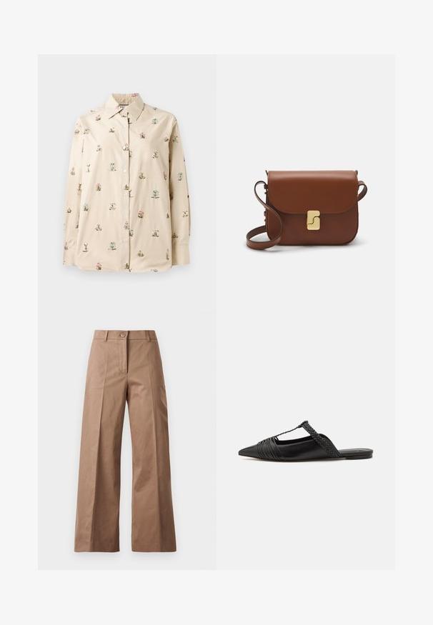 Kremowa koszula z guzikami, ozdobiona haftem w kwiaty w odcieniach różu i niebieskiego. Miękka, gładka tkanina z klasycznym kołnierzykiem i długimi rękawami.; Brązowe spodnie szerokie, wykonane z gładkiego materiału, z zamknięciem na guzik z przodu, dwiema przednimi kieszeniami oraz czystymi, dopasowanymi liniami.; Czarny skórzany but na odkrytej pięcie z pointed toe, ozdobiony plecionym akcentem i plisowanym wzorem górnej części. Płaska podeszwa z minimalnymi elementami.; Brązowa skórzana torebka na ramię z klapką, złotymi detalami, paskiem na ramię i gładką teksturą. Kompaktowy prostokątny kształt.
