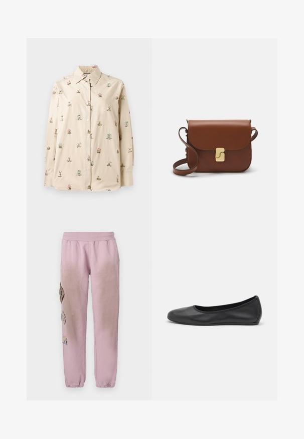 Chemise beige à boutons avec broderies florales en rose et bleu. Tissu doux et lisse avec un col classique et des manches longues.; Pantalon de survêtement rose avec une taille élastique, présentant des patches décoratifs en forme de diamant sur le côté gauche et des poignets élastiques aux chevilles.; Ballerines en cuir noir avec un bout rond, texture lisse, détails de couture minimalistes et design de semelle flexible.; Sac à main en cuir marron avec une fermeture à rabat, des accents en métal doré, une bandoulière et une texture lisse. Forme rectangulaire compacte.