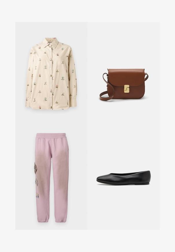 Cream button-up shirt featuring floral embroidery in pink and blue. Soft, smooth fabric with a classic collar and long sleeves.; Pink sweatpants with an elastic waistband, featuring decorative patches in diamond shapes on the left side and elastic cuffs at the ankles.; Paul Smith TOPANGA - Ballet pumps - black; Brown leather handbag with a flap closure, gold-tone hardware, a shoulder strap, and a smooth texture. Compact rectangular shape.