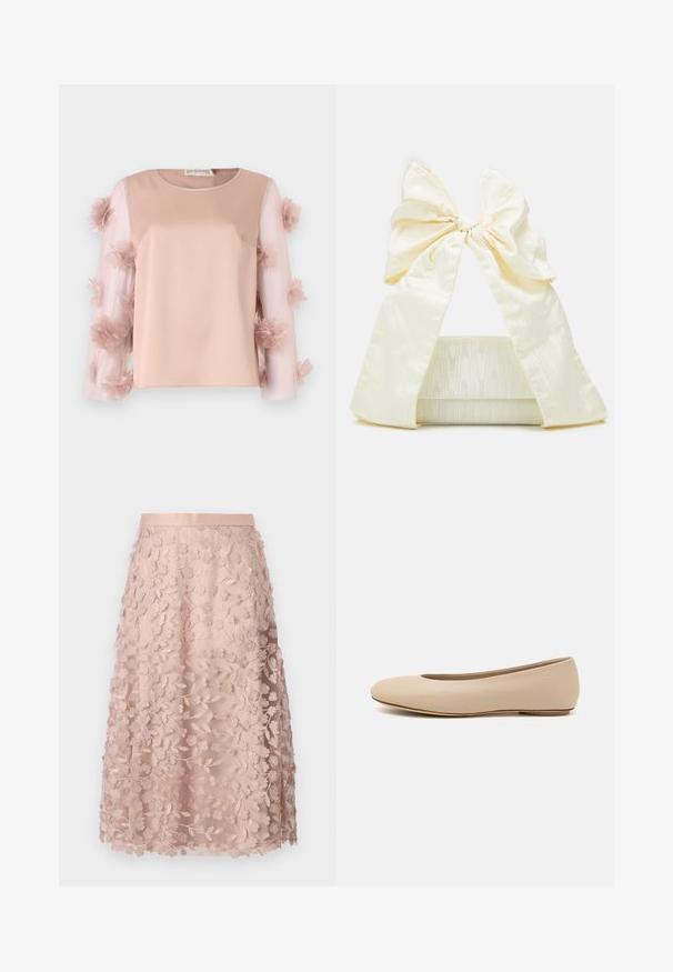 Lys rosa top med en solid satinbund. Gennemsigtige ærmer har spredte stofblomster, der tilføjer tekstur og detaljer. Rund halsudskæring.; Blonder midi-nederdel i blød pink med blomstermotiver, der har en tætsiddende linning og lagdelt design, hvilket fremhæver en delikat struktur.; Beige læder balletflade med afrundet tå, minimal sømdetaljering, lav hæl og subtilt logo på bagsiden. Glat, mat tekstur.; Loeffler Randall RAMONA BOW SHOULDER BAG - Håndtasker - cream