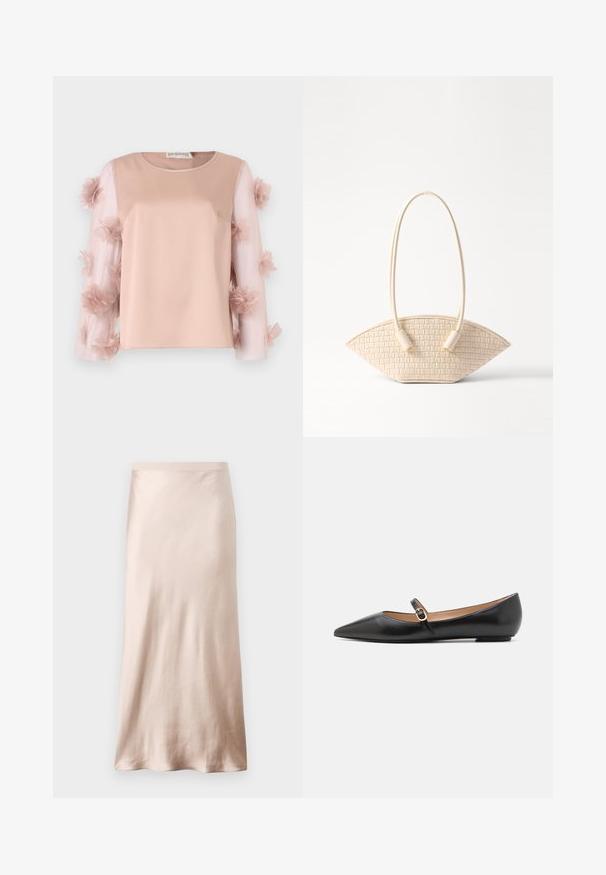 Top rosa chiaro con un corpo in satin uniforme. Le maniche trasparenti presentano fiori di stoffa sparsi, aggiungendo texture e dettaglio. Collo rotondo.; Gonna midi in satin beige chiaro, con vita aderente, texture morbida e orlo svasato, senza decorazioni visibili o tasche.; Ballerine in pelle nera con punta affusolata e una cinturino laterale con un accento circolare dorato. Leggere e con suola piatta.; Borsa beige intrecciata con una forma curva unica, dotata di due manici testurizzati e dettagli hardware cilindrici.