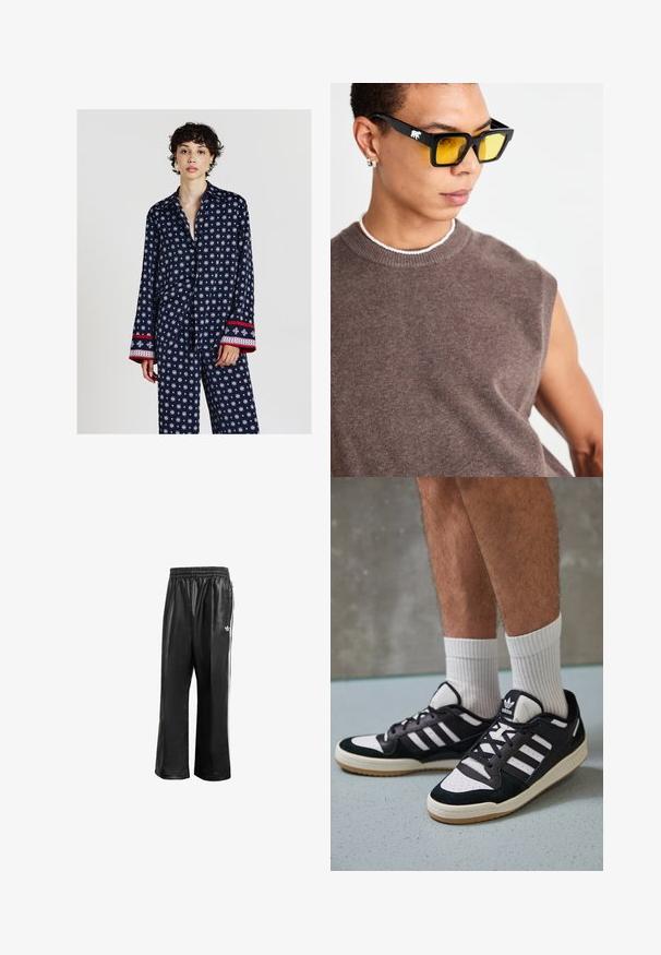 Calliope Hemdbluse - var blu notte; Schwarze synthetische Sporthosen mit elastischem Taillenbund, ausgestattet mit weißen Seitenstreifen und einem kleinen weißen Logo auf der linken Hüfte.; Schwarz-weiße Sneaker mit einem Obermaterial aus Wildleder und Leder, ausgestattet mit drei weißen Streifen, einer perforierten Zehenpartie und einer Sohle aus Gummi.; Schwarze rechteckige Sonnenbrille mit gelben Gläsern, getragen mit einem braunen ärmellosen Pullover. Mit einem weißen Bärenlogo auf dem Gestell verziert.