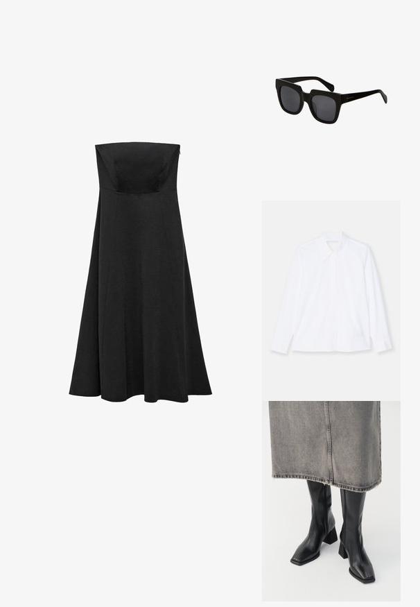 Witte lange mouwen shirt gemaakt van lichtgewicht stof. Heeft een klassieke kraag, knoopsluiting en manchet met lichte plooien. Schoon ontwerp.; Zwarte strapless jurk met een aansluitend lijfje en een uitlopende, lange rok. Gemaakt van gladde stof zonder zichtbare patronen of accenten.; Zwarte laarzen tot de knie van soepel leer met een vierkante neus en blokhak. Draag ze met een grijze denim rok met een rafelige zoom.; Zwarte rechthoekige zonnebril met dikke kunststof monturen en donkere lenzen. De pootjes zijn slank met een glanzende afwerking en minimale branding.; Zwarte leren handtas met een gebogen ontwerp, goudkleurige accenten en een bovenhandvat. Heeft een strakke sluiting en een gladde textuur.