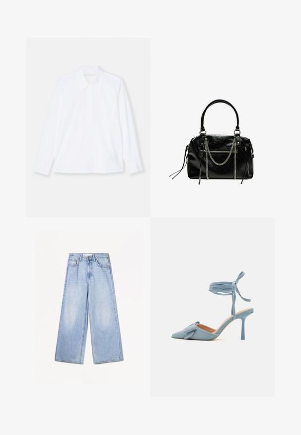 Camicia bianca a maniche lunghe realizzata in tessuto leggero. Caratterizzata da un colletto classico, chiusura con bottoni e polsini con leggere pieghe. Design pulito.; Bershka WIDE-LEG - Wide Leg - light-blue denim; Scarpa décolleté con punta affusolata in tessuto blu chiaro con finitura texturizzata, caratterizzata da un'accollatura con fiocco e cinturino alla caviglia per una vestibilità sicura.; Bershka WITH CHAIN - Borsa a mano - black