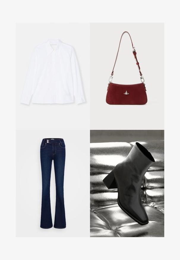 Baltas krekls ar garām piedurknēm, izgatavots no viegla auduma. Iezīmē klasisku apkakli, pogu priekšpusi un piedurkņu galiem ir nelielas krokas. Tīrs dizains.; Tumši zili plati džinsi ar augstu jostasvietu, divām priekšējām kabatām un diviem pogu aizdariem. Izgatavoti no gludas tekstūras džinsa auduma.; Melnas potītes kurpes, izgatavotas no spīdīga materiāla, ar kvadrātveida purngalu un konusveida papēdi, novietotas uz spīdīga sudraba izšūta fona.; Sarkans zamšs plecu soma ar izliekta formu. Iezīmēta ar sudraba toņa akcentu un regulējamu siksnu ar metāla detaļām. Gluda tekstūra.