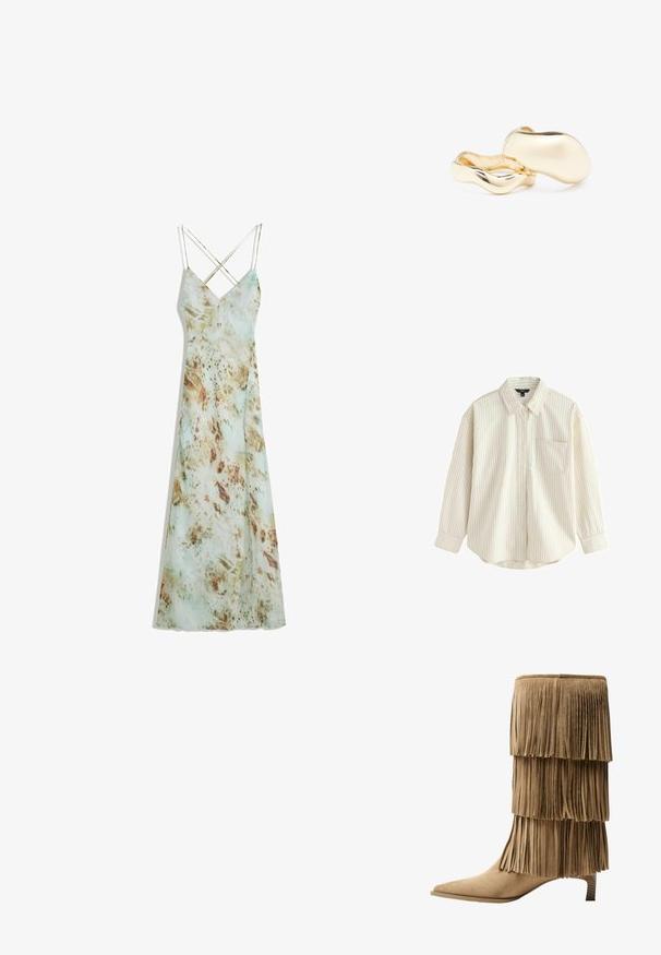 Light beige button-up shirt with thin blue vertical stripes, long sleeves, a front pocket, and a rounded hem. Soft fabric texture.; Spaghetti strap maxi dress with a light green, watercolor-like pattern featuring earthy brown accents. Smooth fabric with a flowing silhouette.; Fringe ankle boot in tan suede with three layered fringes. Pointed toe and a low block heel. Smooth texture throughout.; Gold-colored earrings with an organic, bean-like shape and smooth, reflective surface; features a minimalist design with no visible hardware.