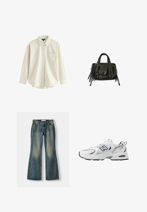 Hellbeige Hemd mit dünnen blauen vertikalen Streifen, langen Ärmeln, einer Brusttasche und abgerundetem Saum. Weicher Stoff.; Blaue Schlagjeans mit einem ausgewaschenen Look, fünf Taschen und einem Knopfverschluss. Das Material zeigt eine Denim-Textur mit dezenten Stickdetails.; Weißer Sportschuh mit Mesh-Obermaterial, navyblauen Akzenten und gepolsterter Sohle. Verfügt über das "N"-Logo, Schnürsenkel und eine strukturierte Detailverarbeitung an der Seite.; Schwarze Lederhandtasche mit geflochtenen Griffen, Reißverschlussfach und hängenden Quasten. Strukturiert Oberfläche mit Metallnieten und Hardware-Akzenten.; Silberne Metallohrringe mit einer glatten, glänzenden Oberfläche. Einer ist ein geschlossener Ring; der andere hat ein teilweise offenes, geschwungenes Design.