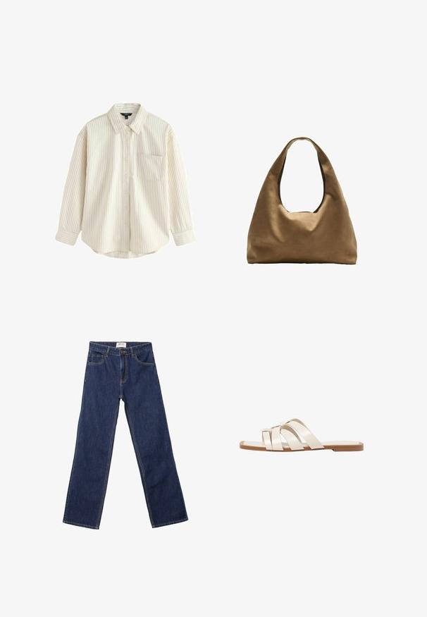 Ljust beige, knapplös skjorta med tunna blå vertikala ränder, långa ärmar, en framficka och rundad nederkant. Mjuk tygkänsla.; Mörkblå raka jeans med framfickor, bälteshällor och knappstängning.; Platta sandaler med en brun gummisula, designade med tre överlappande vita läderspännen och en liten rosett i mitten.; Brun tygaxelväska med en bred, rundad kropp och ett stort utskärningshandtag. Mjukt material, minimalistisk design och ingen synlig hårdvara.