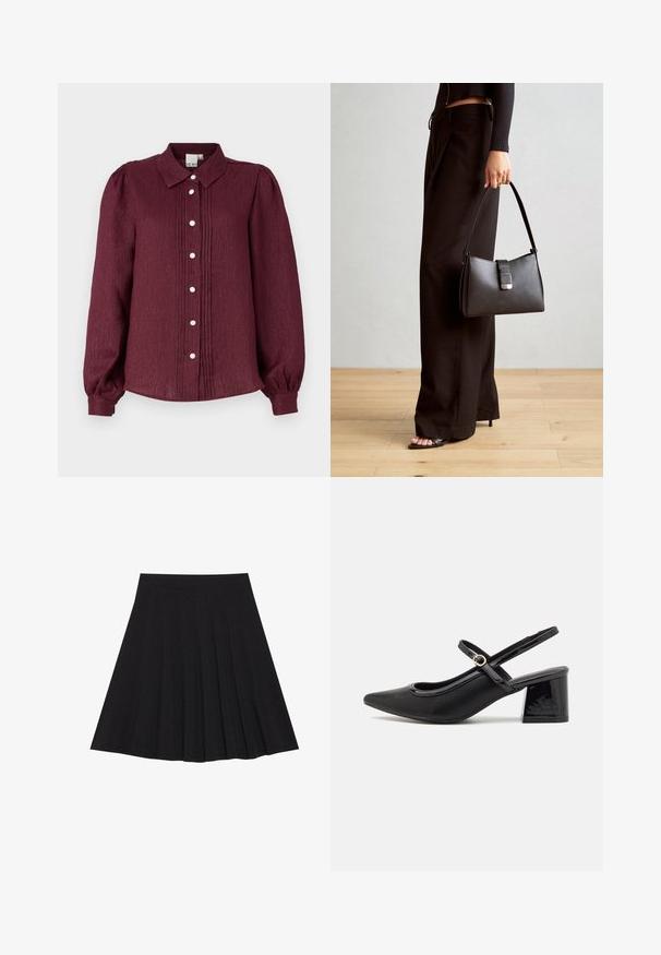 Camicia a maniche lunghe bordeaux con colletto, dotata di pieghe e bottoni decorativi. Realizzata in tessuto testurizzato, con maniche arricciate.; Gonna nera plissettata realizzata in tessuto strutturato con una vita aderente. Cade all'altezza del ginocchio, presentando una silhouette liscia e pulita.; Décolleté in vernice nera con cinturino dietro, punta affusolata, design con ritagli arrotondati e tacco a blocco. Presenta un accento di fibbia tono oro.; Borsa nera con forma strutturata, texture liscia e una chiusura metallica. Abbinata a pantaloni neri larghi e sandali open-toe su un pavimento in legno.