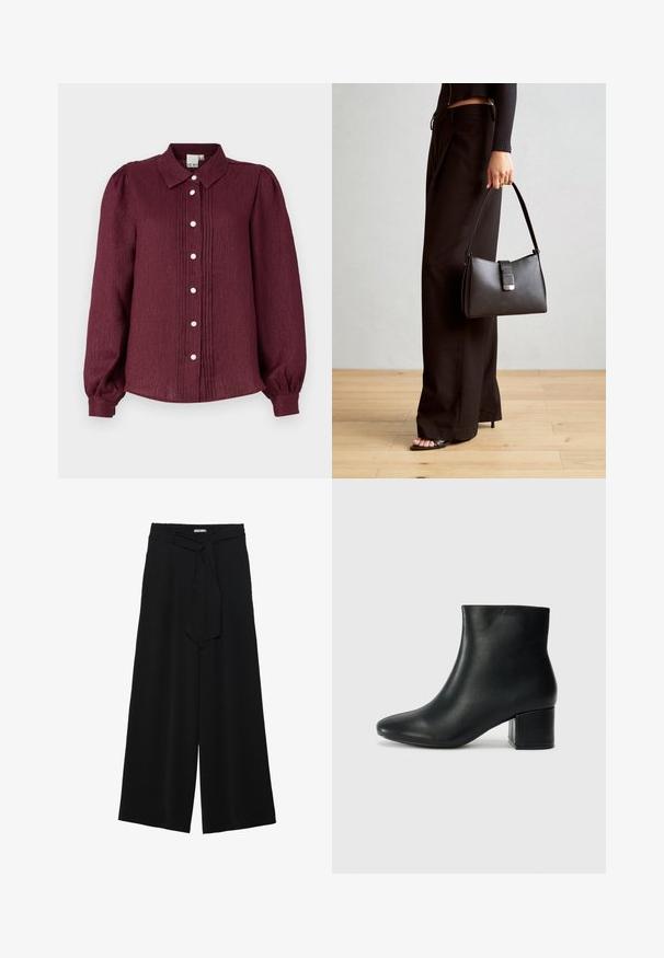 Burgundy long-sleeve button-up shirt with a collar, featuring pleats and decorative buttons. Made from textured fabric, with gathered sleeves.; Black wide-leg pants featuring a textured fabric, an elastic waistband, and a detachable sash tie at the waist for adjustable fit.; Black leather ankle boots with a pointed toe and a chunky heel. Smooth texture with minimal accents and a sleek, fitted design.; Black handbag with structured shape, smooth texture, and a metallic clasp. Paired with wide black pants and open-toe sandals on wooden floor.