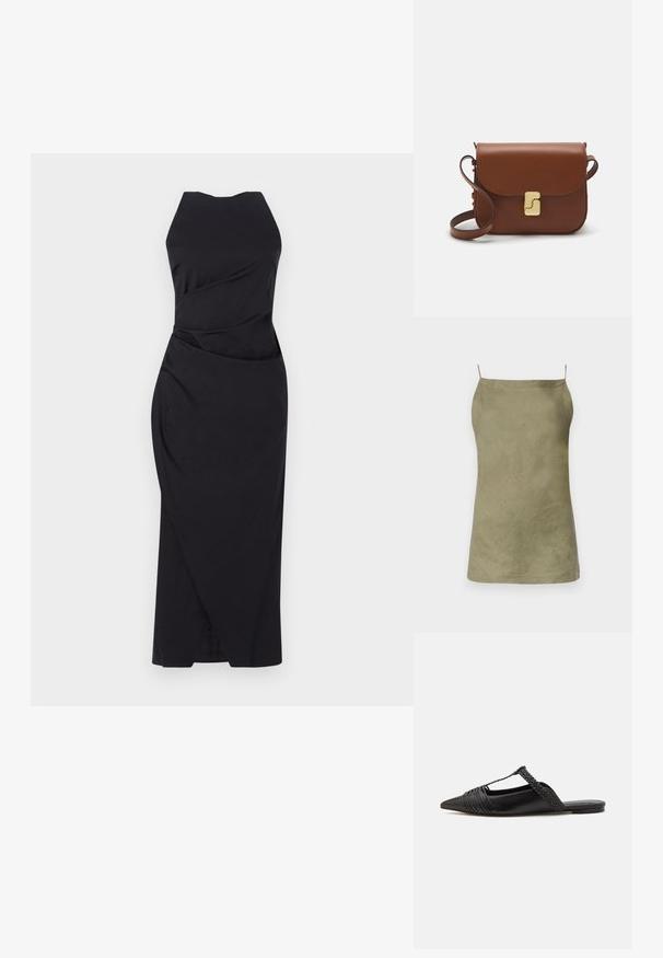 Olivi vihreä hihaton paita, jossa on rento istuvuus. Sileä pinta ja minimalistinen muotoilu. Ohut spagettiolkaimet. Ei näkyviä kuvioita tai yksityiskohtia.; Marella ELEGIA - Juhlamekko - nero; Musta nahkasandaali, jossa on terävä kärki, somistettuna kudotulla yksityiskohdalla ja pleatatuilla yläosilla. Litteä pohja, jossa on vähäisiä tarvikkeita.; Ruskea nahkainen käsilaukku, jossa on läppäkiinnitys, kultasävyiset yksityiskohdat, olkahihna ja sileä pinta. Kompaktin suorakaiteen muotoinen.