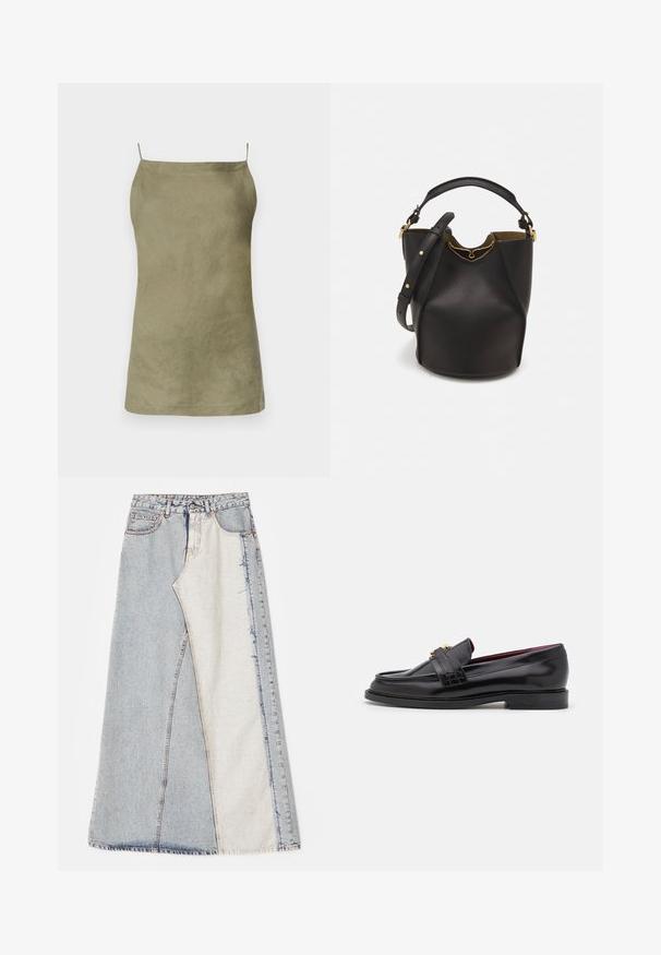Olivově zelený bezrukávový top s uvolněným střihem. Hladká textura a minimalistický design. Tenké ramínka. Žádné viditelné vzory ani akcenty.; Džínová sukně s patchwork vzorem obsahující světlé a středně modré části, roztrhané okraje a vysoký pas. Klasický pětikapsový styl.; Černé kožené mokasíny se šitým vzorem, hladkým povrchem, zlatou sponou a zakulacenou špičkou, umístěné na nízké černé podrážce.; Černá kožená kabelka ve tvaru vědra s texturovaným povrchem, zlatými kovovými akcenty a otevřeným vrchem. Obsahuje krátkou rukojeť a nastavitelný ramenní popruh.
