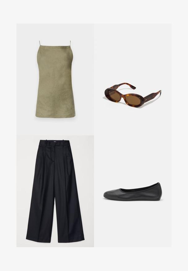 Top sem mangas verde azeitona com um corte descontraído. Textura suave e design minimalista. Alças finas tipo espaguete. Sem padrões ou acentos visíveis.; Calças largas pretas feitas de um tecido suave, com uma cintura alta, plissados e um design sob medida. Acessórios pretos simples na cintura.; Bailarina preta em pele com bico arredondado, textura suave, detalhe de costura minimalista e design de sola flexível.; Óculos de sol em tartaruga com lentes ovais, tonalidade castanha e detalhes em dourado nas hastes. Armações grossas com um acabamento brilhante e textura suave.