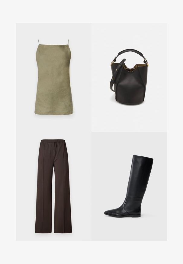 Olive green sleeveless top with a relaxed fit. Smooth texture and minimal design. Thin spaghetti straps. No visible patterns or accents.; Wide-leg trousers in dark brown fabric with an elastic waistband, featuring a smooth texture and clean lines for a tailored look.; Black leather knee-high boot with a pointed toe and minimal design. Smooth texture and flat sole, featuring discreet side stitching details.; Black leather bucket bag with a textured finish, gold hardware accents, and an open top. Features a short handle and adjustable shoulder strap.