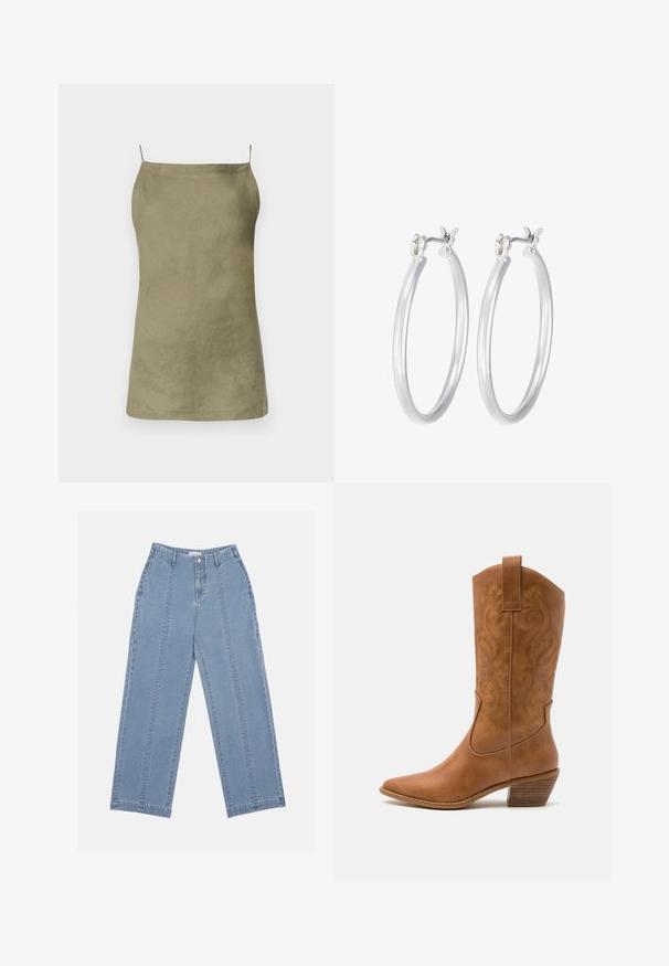 Top senza maniche verde oliva con vestibilità rilassata. Tessuto liscio e design minimale. Spalline sottili. Nessun motivo o dettaglio visibile.; Jeans in denim blu chiaro a gamba larga. Presentano una vita alta, chiusura con bottone e cuciture in vista. Non sono visibili tasche sul davanti.; Stivale cowboy in pelle marrone chiaro con punta affusolata, modelli ricamati a spirale sull'asta e tacco a blocco impilato. Presenta una linguetta per una facile calzata.; Orecchini a cerchio in argento con una finitura liscia e lucida. Forma rotonda e chiusura a scatto sicura. Design leggero adatto per l'uso quotidiano.