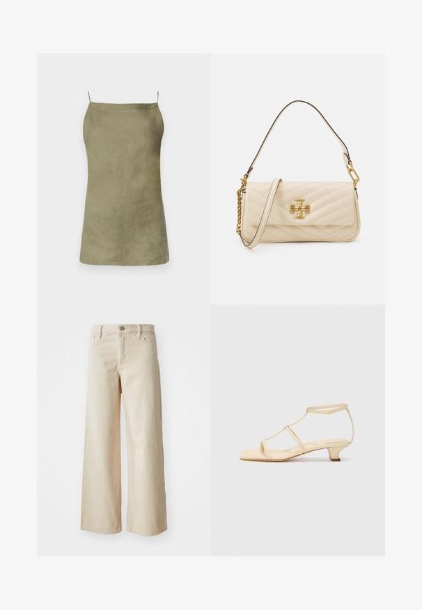 Olīvu zaļš bez piedurknēm topam ar brīvu piegriezumu. Gluda tekstūra un minimālistisks dizains. Plānas spageti siksnas. Nav redzamu rakstu vai akcentu.; Bēša plata kāju džinsi, izgatavoti no denima, ar augstu jostasvietu, pogu aizdari, jostas cilpām un sānu kabatām. Gluda tekstūra un brīva piegriezuma.; Bēša krāsas augstpapēžu čības ar T formas siksnu dizainu, kvadrātveida purngalu, regulējamu potītes siksniņu un zemu blokveida papēdi. Gluda ādas materiāls.; Klāts krēmkrāsas rokassoma ar zelta logotipa akcentu, ar ķēdes un ādas siksnu. Strukturēts dizains un gluda virsma ar diogonālām šuvēm.