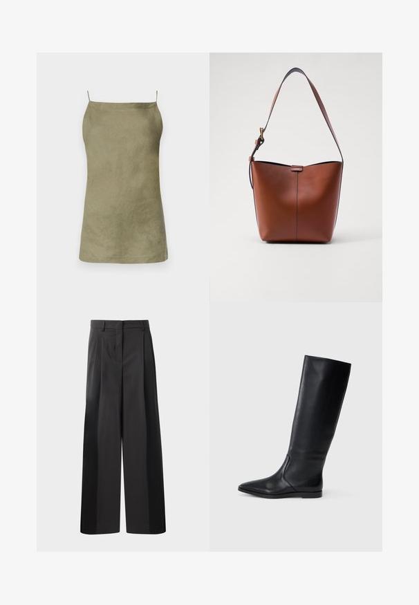Olive green sleeveless top with a relaxed fit. Smooth texture and minimal design. Thin spaghetti straps. No visible patterns or accents.; Black wide-leg trousers with a high waist, featuring front pleats, a smooth texture, and a tailored finish. Designed for a relaxed fit.; Black leather knee-high boot with a pointed toe and minimal design. Smooth texture and flat sole, featuring discreet side stitching details.; Brown leather shoulder bag with a curved shape, smooth texture, and a single thin strap. Features a subtle seam and a small logo detail.