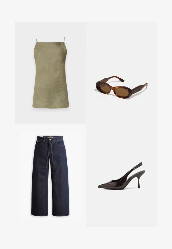 Top senza maniche verde oliva con vestibilità rilassata. Tessuto liscio e design minimale. Spalline sottili. Nessun motivo o dettaglio visibile.; Jeans in denim scuro a gamba larga con vita alta, dotati di un laccio, cinque tasche e dettagli di cucitura a contrasto.; Scarpa con tacco alto tipo slingback in pelle verniciata marrone scuro lucido, punta affusolata, lati aperti e cinturino alla caviglia regolabile.; Occhiali da sole tartaruga con lenti ovali, tonalità marrone e accenti dorati sulle aste. Montatura spessa con una finitura lucida e una texture liscia.