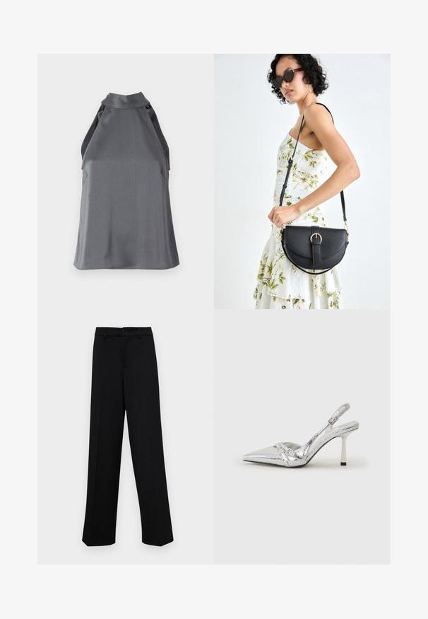 Majica bez rukava od tamnosive teksturirane tkanine s visokim ovratnikom i izrezima sa strane, postavljena ravno na bijeloj pozadini.; Crne široke hlače od glatkog materijala, s klasičnim pojasom koji se zatvara dugmetom i prednjim naborima.; Srebrna slingback salonska cipela s oštrim prstom, metalik završnom obradom, dva dekorativna remena i vitkim potplatom s crnim vrhom.; Crna kožna torba s lukovitim oblikom, odvojivim remenom i zlatnim detaljima. Torba ima preklop s kopčom.