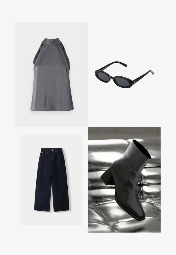 Ärmelloses, dunkelgraues, strukturiertes Halfter-Top mit hohem Ausschnitt und Ausschnitten an den Seiten, flach auf einem weißen Hintergrund ausgelegt.; Dunkelblaue, weite Jeans mit hoher Taille, fünf Taschen, Kontrastnähten und silbernem Metallzubehör. Glatte Textur und saubere Verarbeitung.; Schwarzer Knöchelstiefel aus glänzendem Material mit quadratischer Zehenform und verjüngtem Absatz, vor einem glänzenden silbernen gepolsterten Hintergrund.; Schwarze, oversized Sonnenbrillen mit ovalen Gläsern, glattem Kunststoffrahmen und goldenen Akzenten an den Bügeln. Die dunklen Gläser bieten Sonnenschutz.