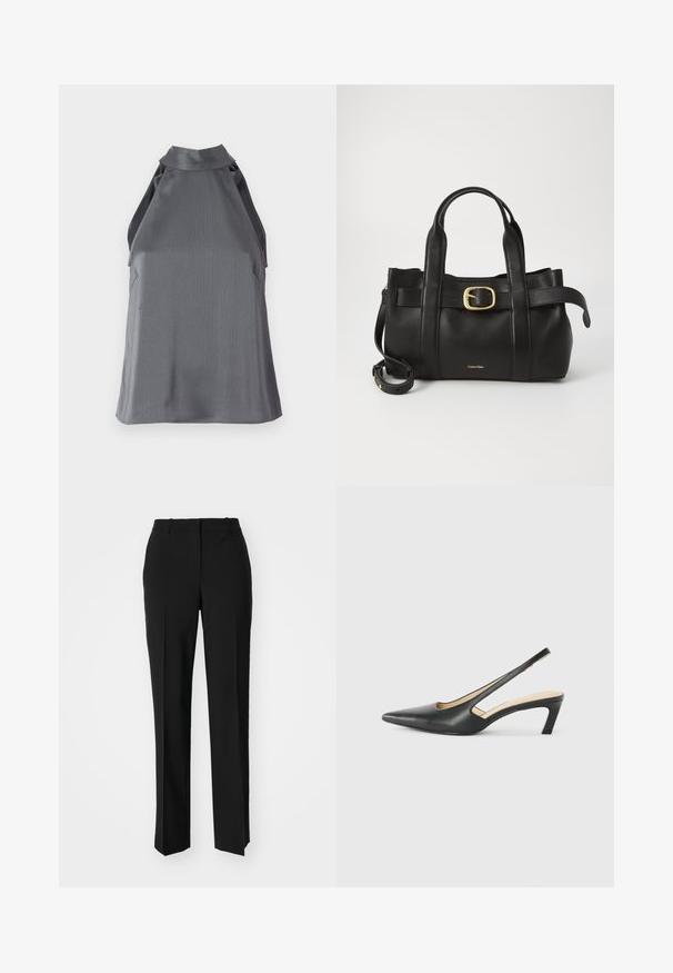 Sleeveless dark gray textured halter top with a high neckline and cutout details on the sides, laid flat on a white background.; Black tailored trousers with a straight-leg design, featuring a smooth texture and crisp creases along the front. No visible hardware.; Black pointy-toed slingback shoe with a low heel, featuring smooth leather material and cut-out design on the side for breathability.; Black leather handbag featuring a structured design, dual top handles, gold-tone buckle accent, and embossed brand logo at the front.